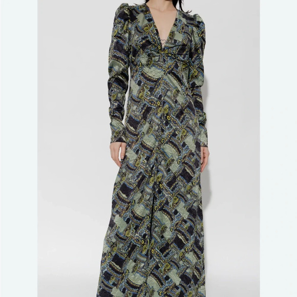 Ganni Paisley Black and Green Maxi Dress with Slit SZ EU 38/US 6 - Picture 1 of 10